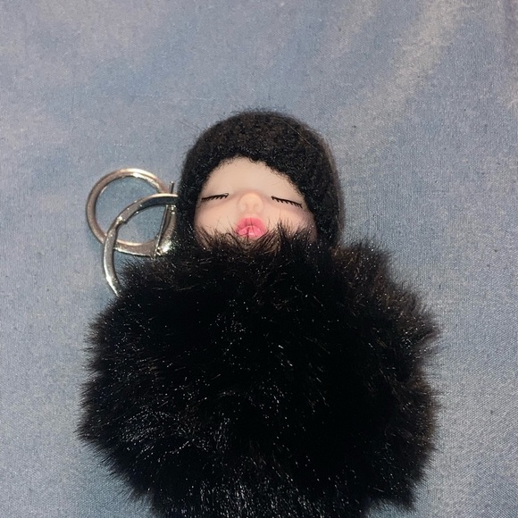 Adorable Sleeping Baby Black Fur Pom Pom Keychain/Bag Charm - Picture 2 of 4